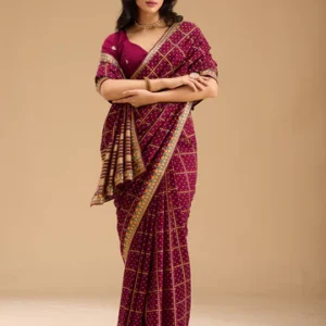 Wine Soft Raw Silk Bandhej Gold Zariwork Saree With Matching Blouse Piece