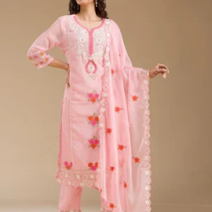 Baby Pink Organza Threadwork Straight Kurta With Pant Regular And Dupatta