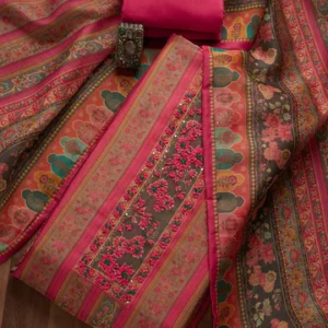Pink Multi Chanderi Threadwork Unstitched Dress Material With Matching Bottom And Dupatta